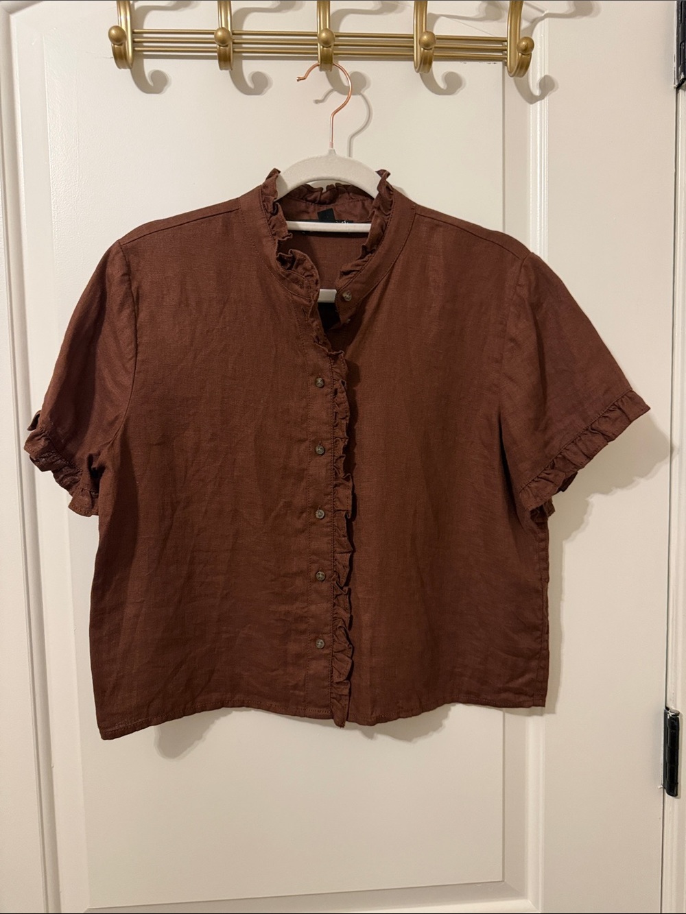 J. Crew Ruffle-trim button up shirt in roasted cocoa linen - Picture 2 of 3